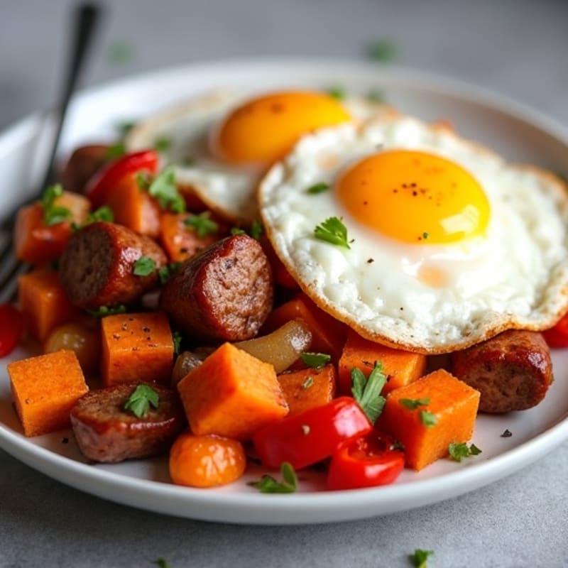 Crispy Sweet Potato and Turkey Sausage Hash with Sunny-Side Up Eggs