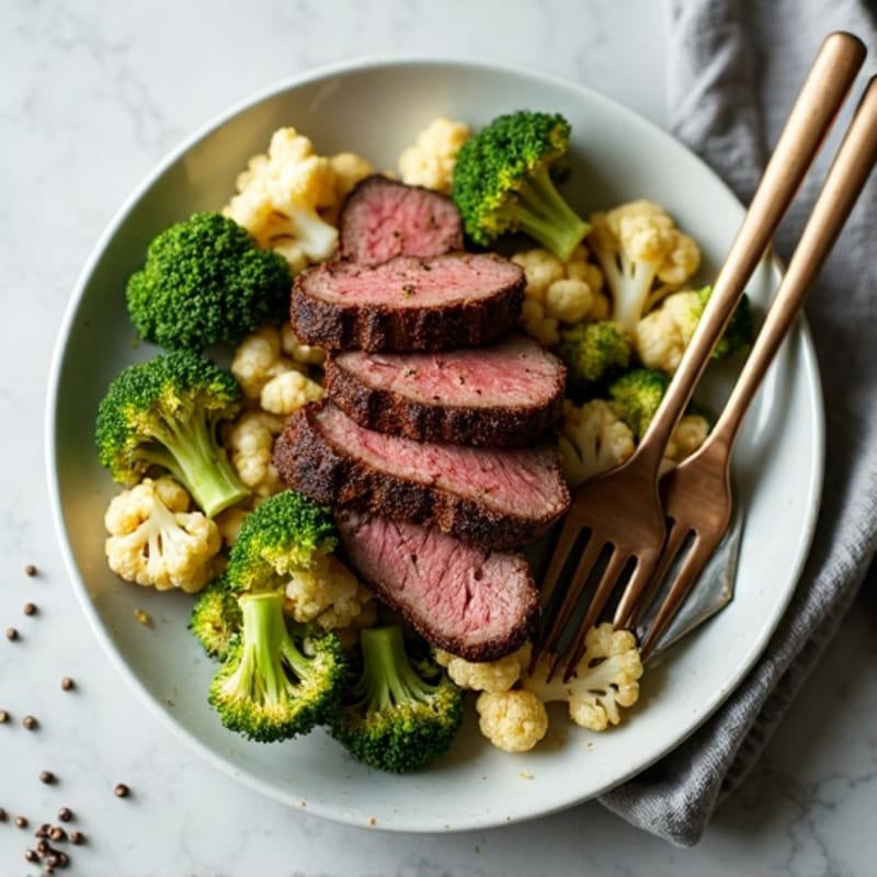 Seared Lean Beef Strips with Roasted Broccoli and Cauliflower