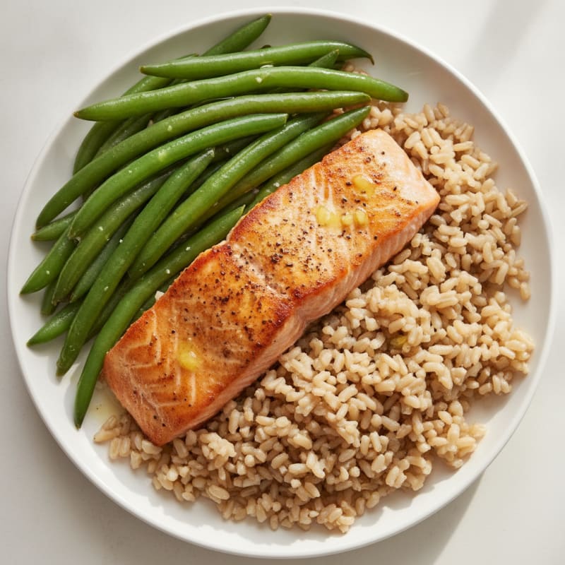 Seared Salmon with Steamed Green Beans and Brown Rice