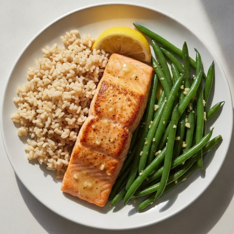 Seared Salmon with Garlic Green Beans and Brown Rice