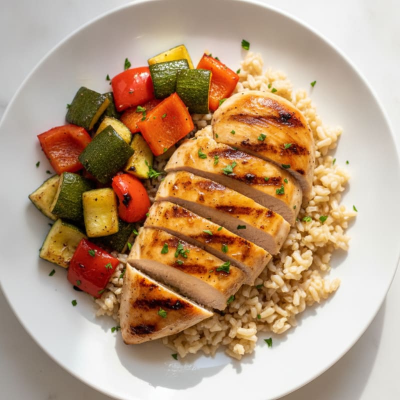 Grilled Chicken Breast with Roasted Vegetables and Brown Rice