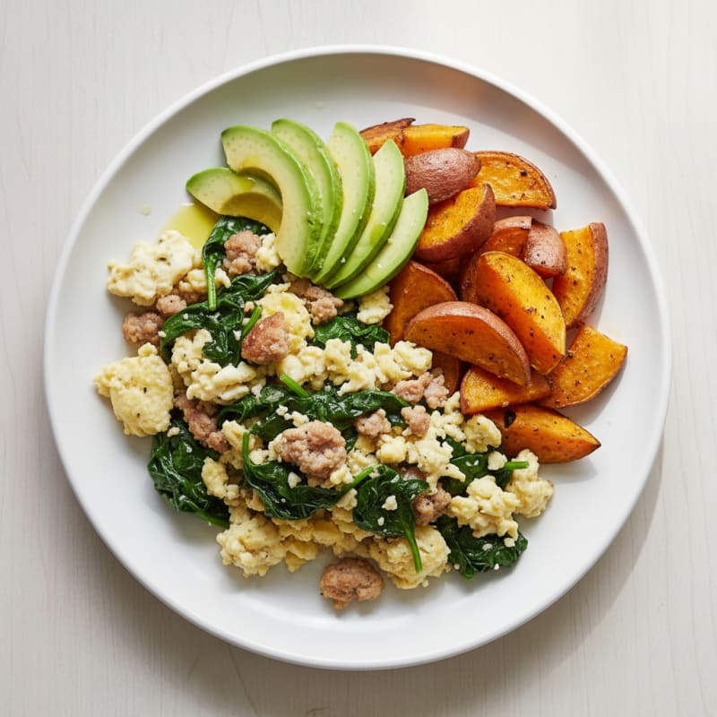 Egg White Scramble with Turkey Sausage and Sautéed Spinach