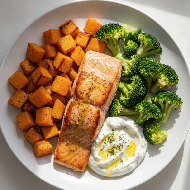 Pan-Seared Salmon with Roasted Squash and Steamed Broccoli