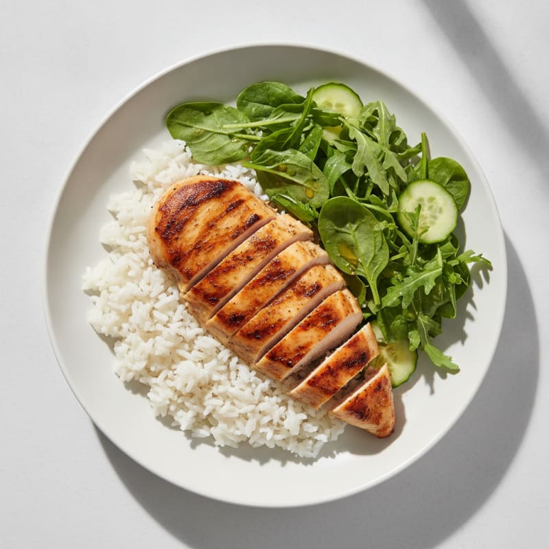 Grilled Chicken Breast with White Rice and Fresh Greens Salad