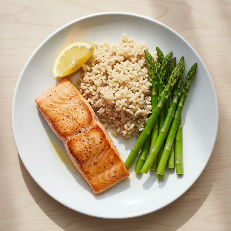 Seared Salmon with Steamed Asparagus and Brown Rice