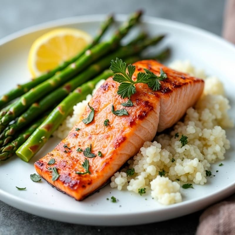 Seared Salmon with Steamed Asparagus and Herbed Cauliflower Rice