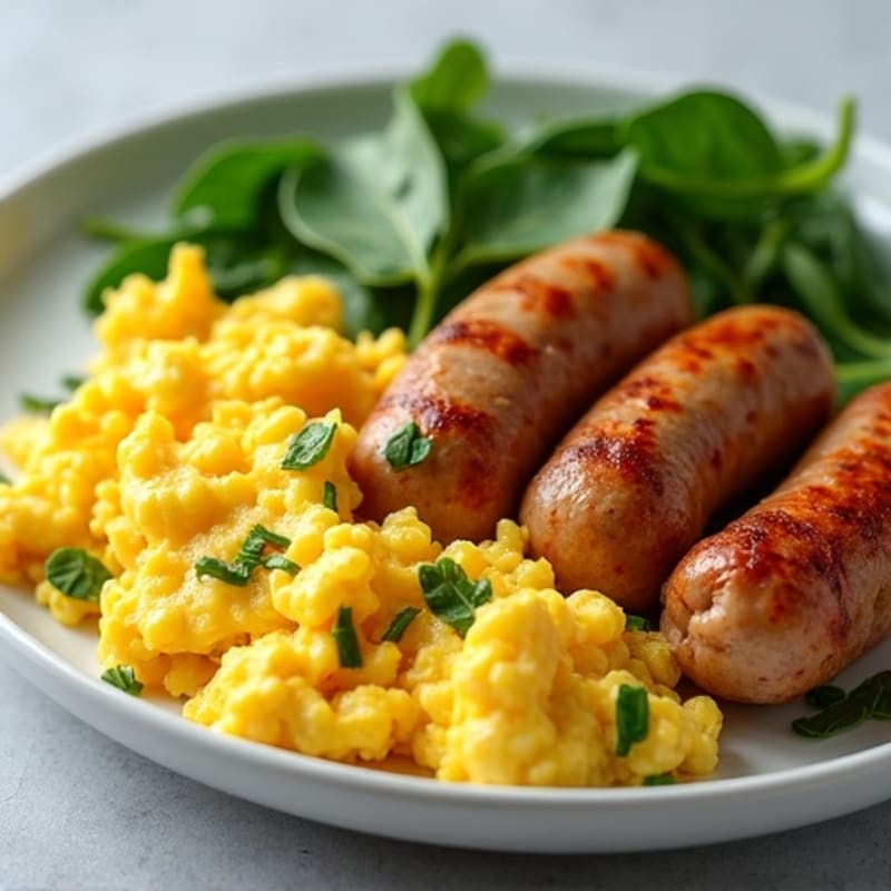 Fluffy Scrambled Eggs with Crispy Chicken Sausage and Fresh Spinach