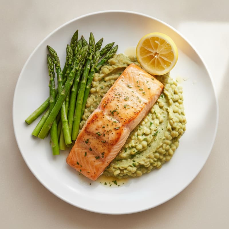 Baked Salmon with Steamed Asparagus and Lentil Mash