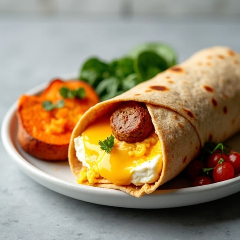 Lean Turkey Sausage and Egg Breakfast Burrito with Roasted Sweet Potato