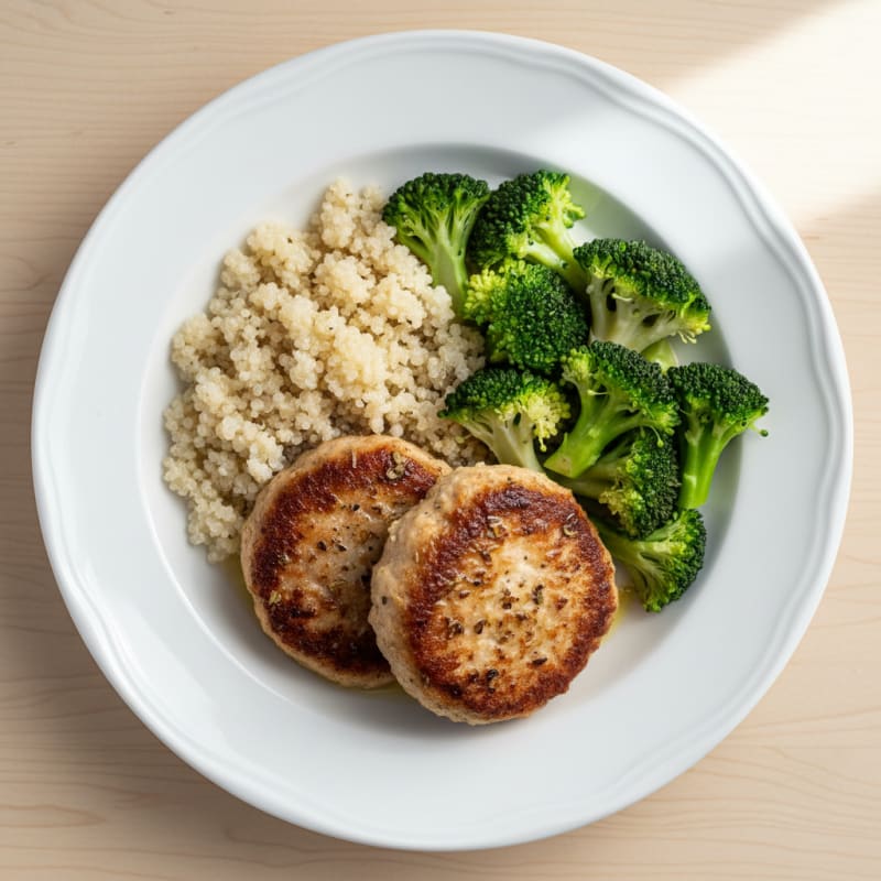 Seared Turkey Patties with Steamed Broccoli and Quinoa