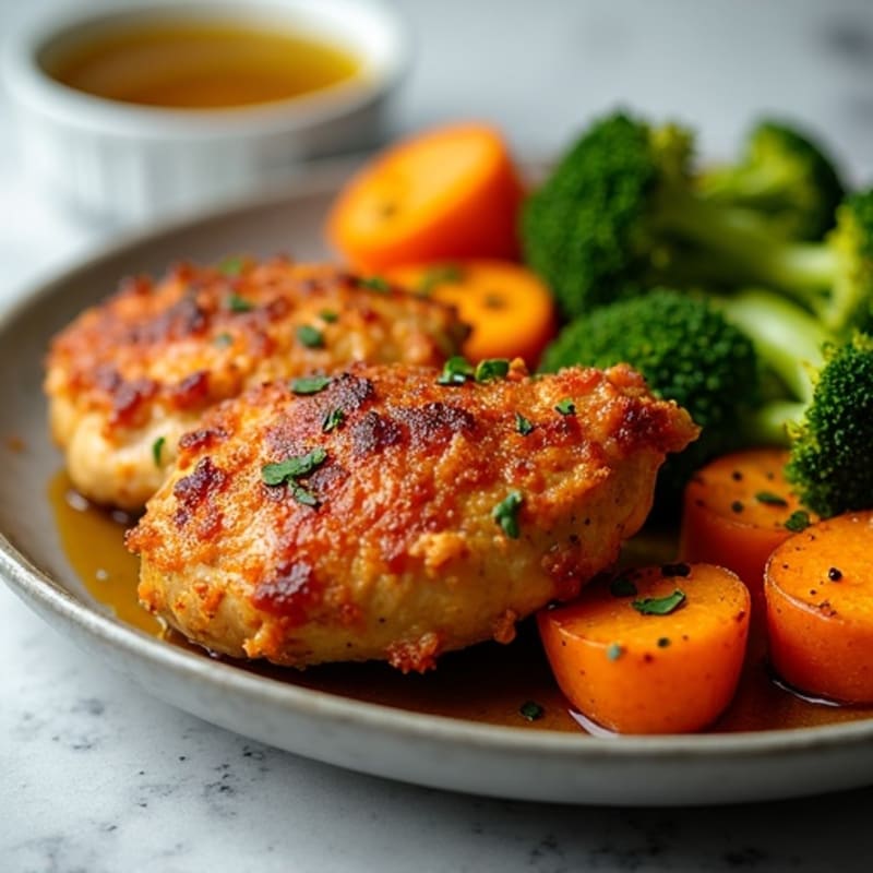 Crispy Chicken Thighs with Roasted Sweet Potatoes and Broccoli