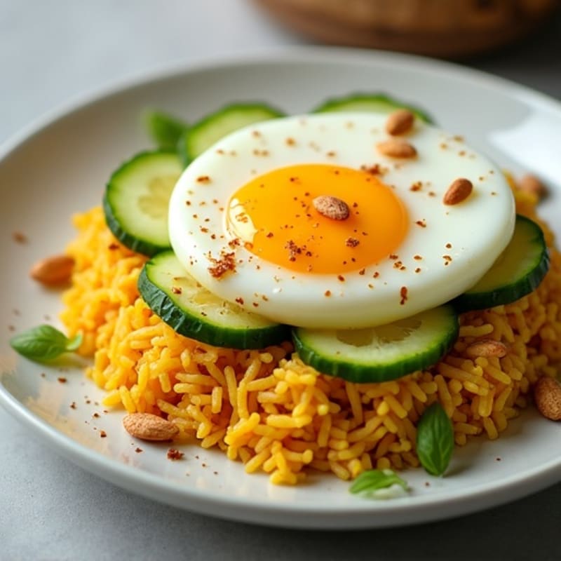Soft-Boiled Egg with Crisped Turmeric Rice and Sliced Cucumber