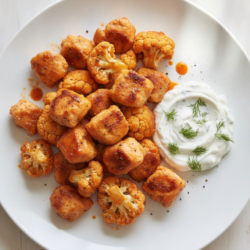 Buffalo Cauliflower and Chicken Bites with Greek Yogurt Ranch
