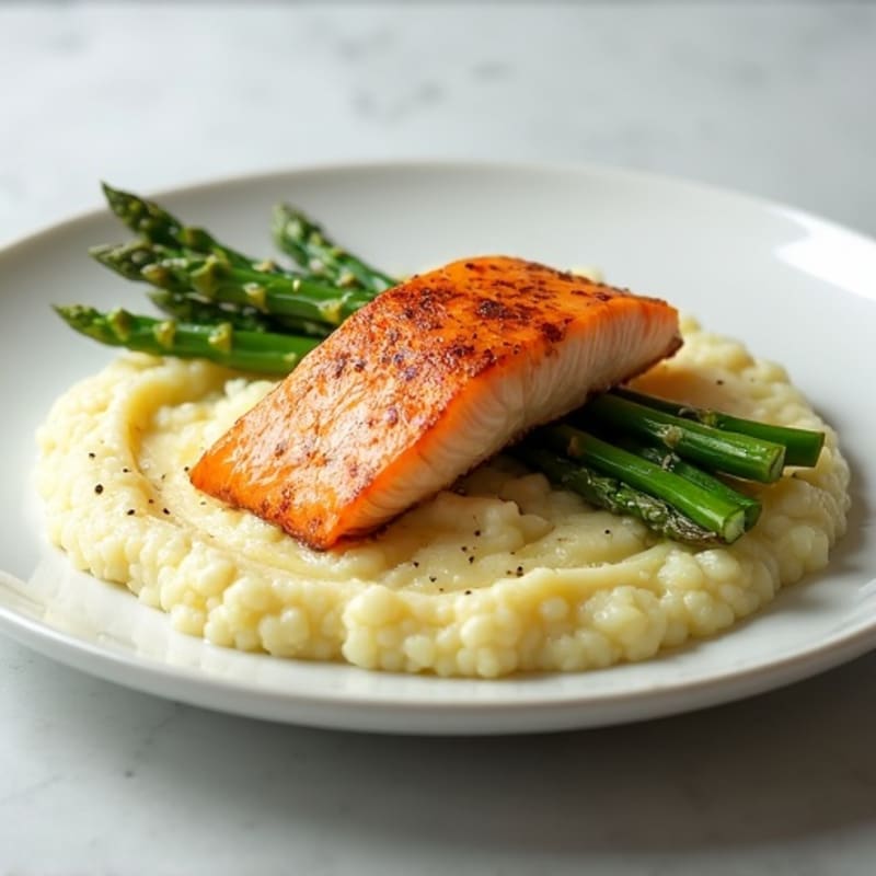 Seared Salmon with Steamed Asparagus and Cauliflower Mash