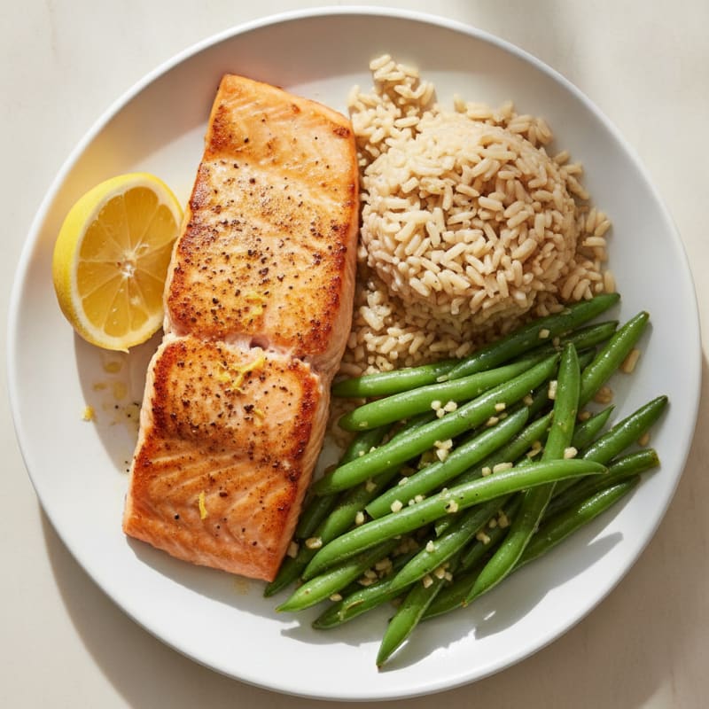 Seared Salmon with Garlic Green Beans and Brown Rice