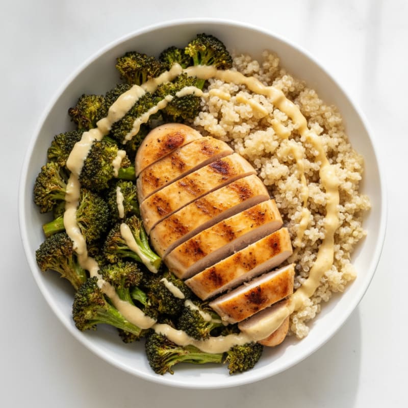 Grilled Chicken and Quinoa Power Bowl with Roasted Broccoli and Lemon Tahini Drizzle
