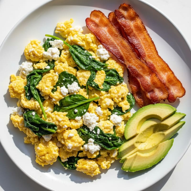 Cottage Cheese Egg Scramble with Spinach and Turkey Bacon