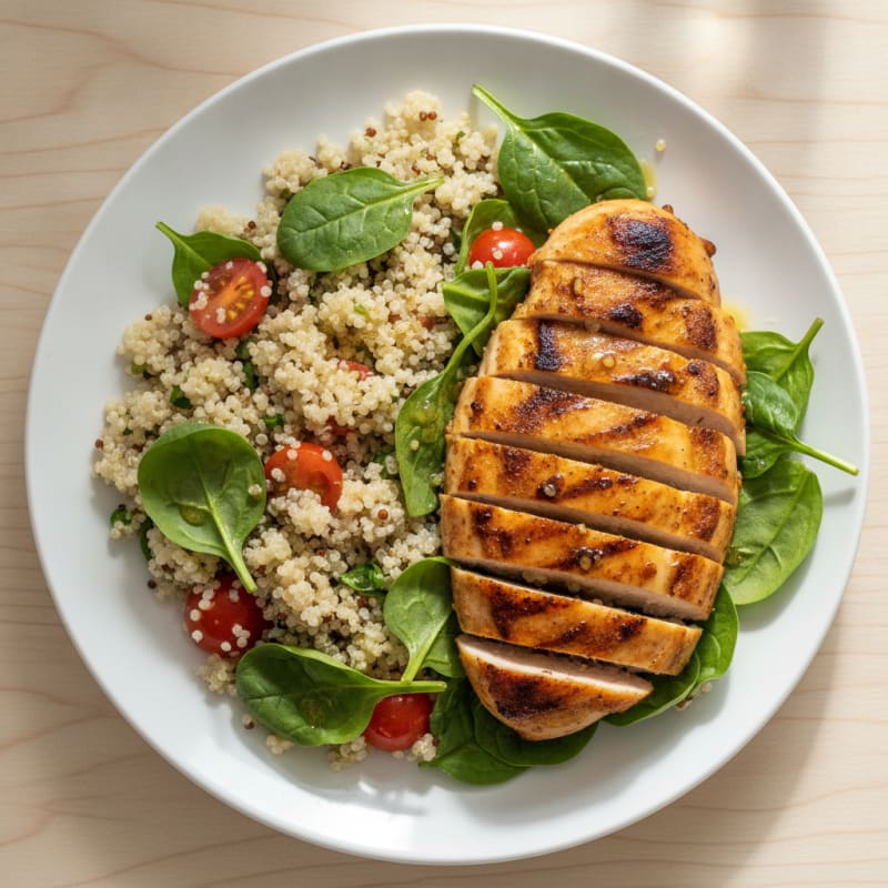 Grilled Chicken Breast with Fresh Spinach and Quinoa Salad