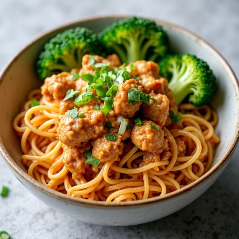 Creamy Spicy Peanut Lean Ground Pork Noodles with Steamed Greens