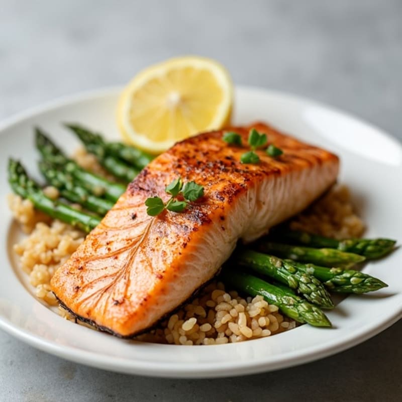 Seared Salmon with Steamed Asparagus and Brown Rice