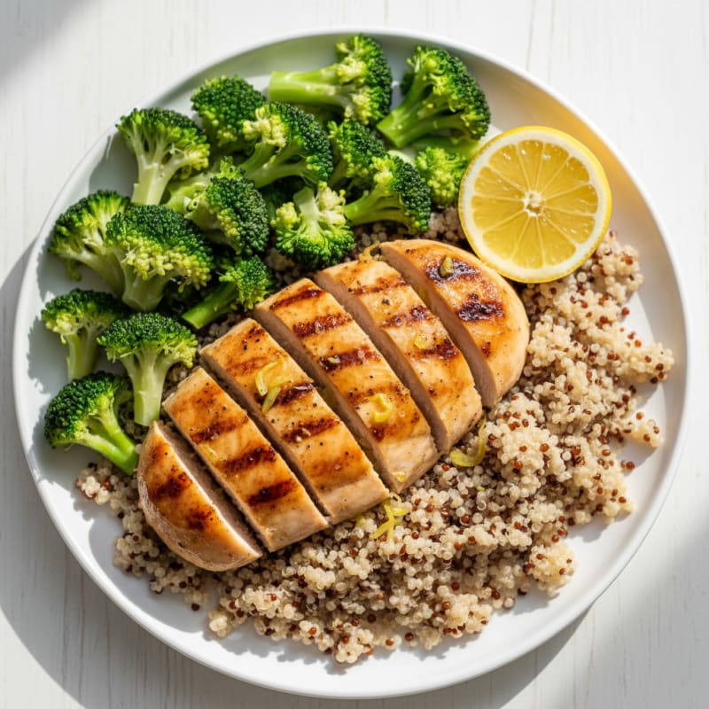 Seared Chicken Breast with Quinoa and Steamed Broccoli