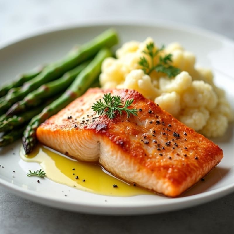 Seared Salmon with Steamed Asparagus and Cauliflower Mash