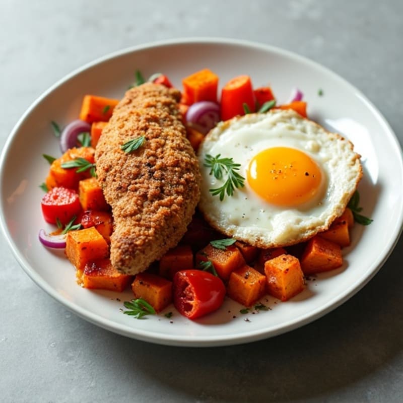 Crispy Chicken and Roasted Sweet Potato Hash with Fried Egg