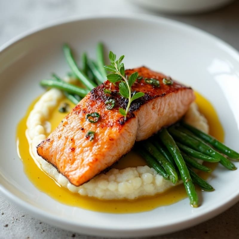 Seared Salmon with Steamed Green Beans and Cauliflower Mash