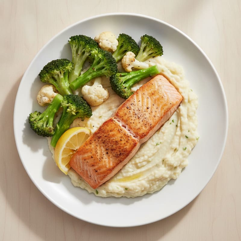 Seared Salmon Fillet with Steamed Broccoli and Garlic Cauliflower Mash