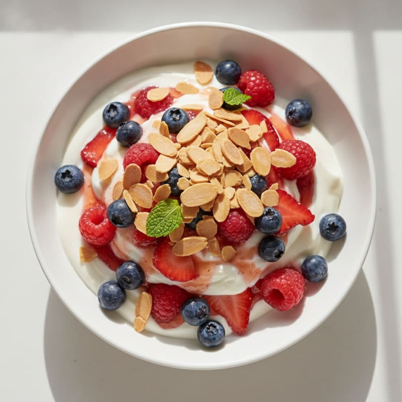 Greek Yogurt Protein Parfait with Mixed Berries and Almonds