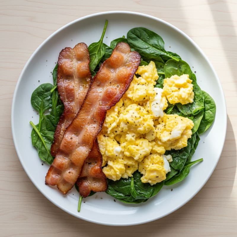 Crispy Pan-Fried Bacon and Eggs with Wilted Greens