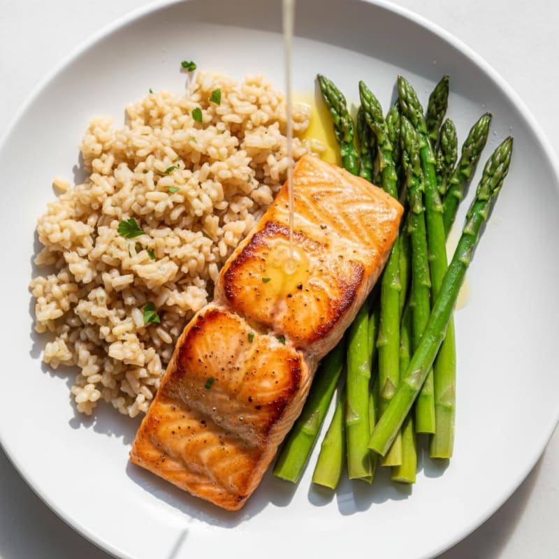 Seared Salmon with Steamed Asparagus and Brown Rice