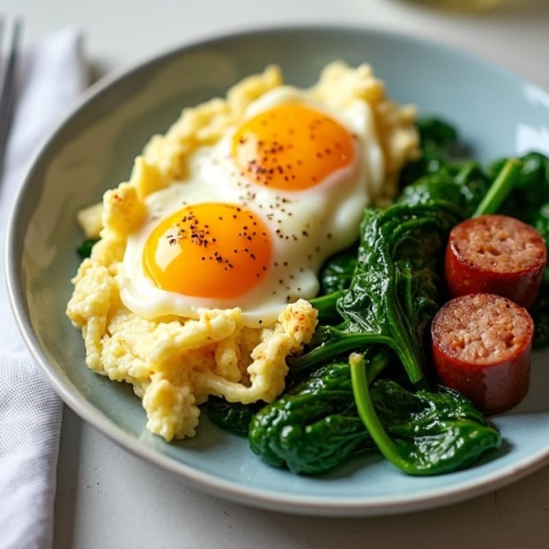 Egg White Scramble with Turkey Sausage and Sautéed Spinach