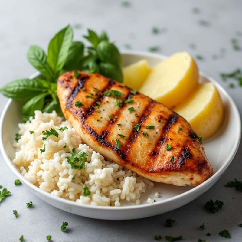 Grilled Chicken Breast with Herb Rice and Roasted Potatoes