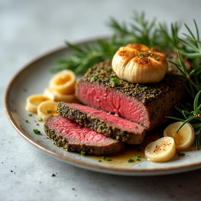 Herb-Crusted Pan Seared Steak with Roasted Garlic