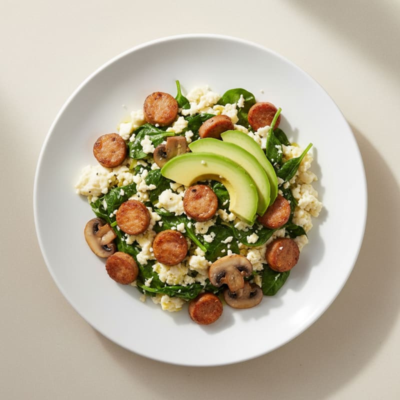 Egg White Spinach Scramble with Turkey Sausage and Sautéed Mushrooms