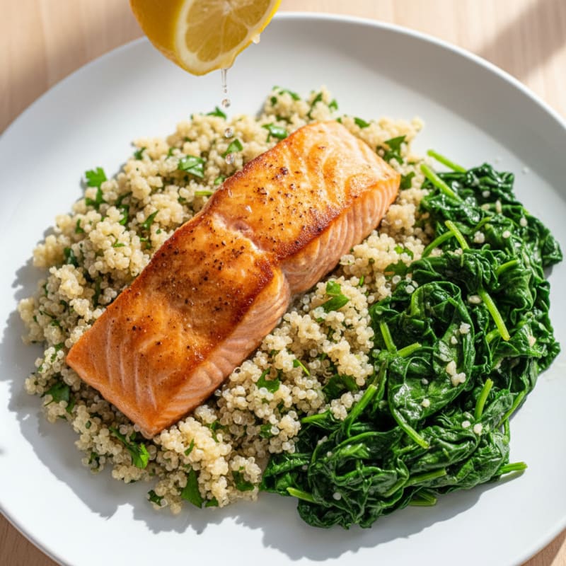 Seared Salmon Fillet with Herb-Quinoa and Sautéed Spinach
