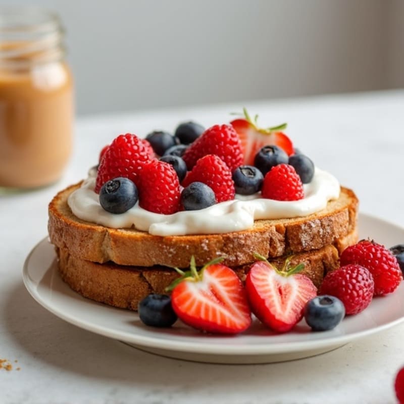 Peanut Butter and Vanilla Yogurt Fluff Whole Grain Toast with Fresh Berries
