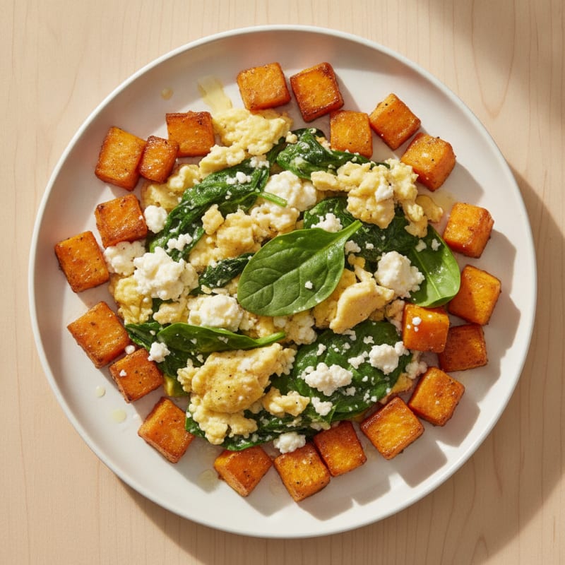 Cottage Cheese Egg Scramble with Spinach and Roasted Sweet Potato