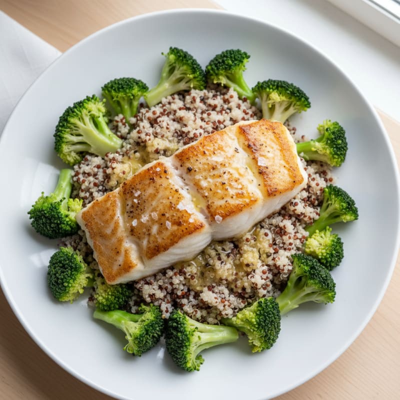 Seared Cod Fillet with Steamed Broccoli and Quinoa