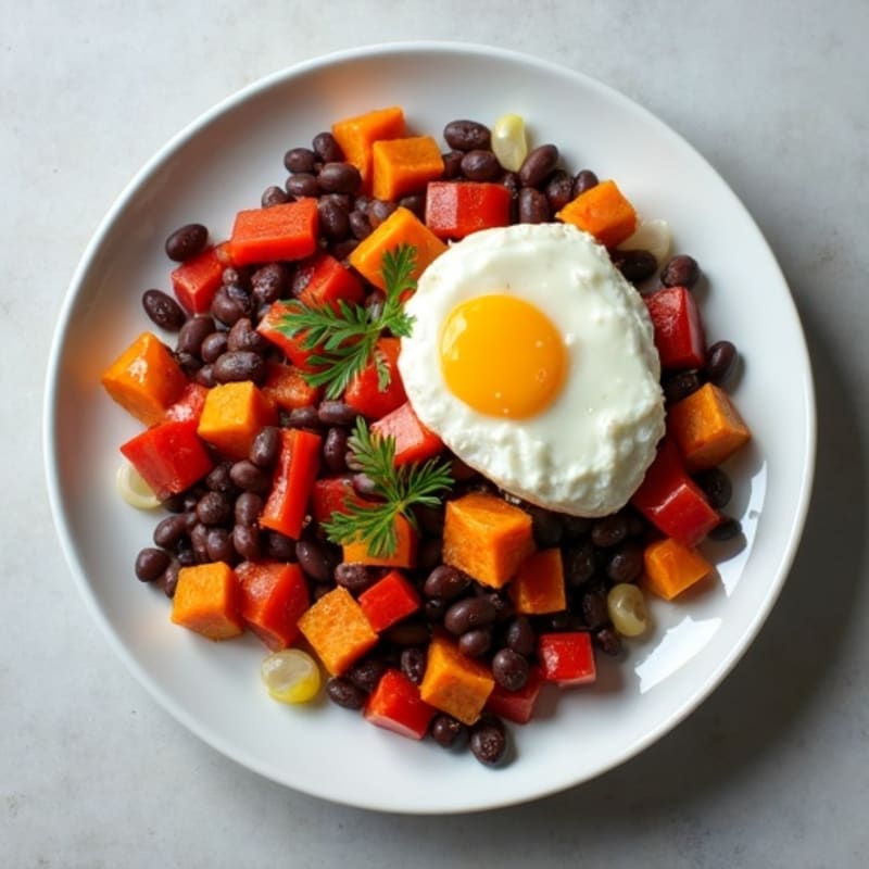 Hearty Black Bean and Sweet Potato Hash with a Soft-Boiled Egg