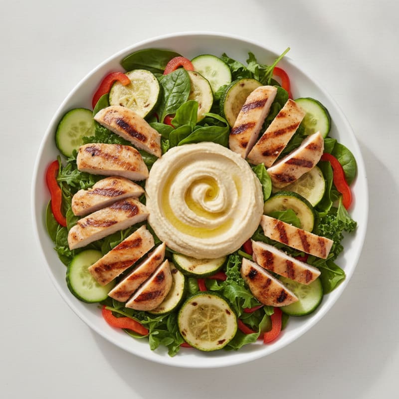 Grilled Chicken and Zucchini Salad with Hummus and Cucumbers