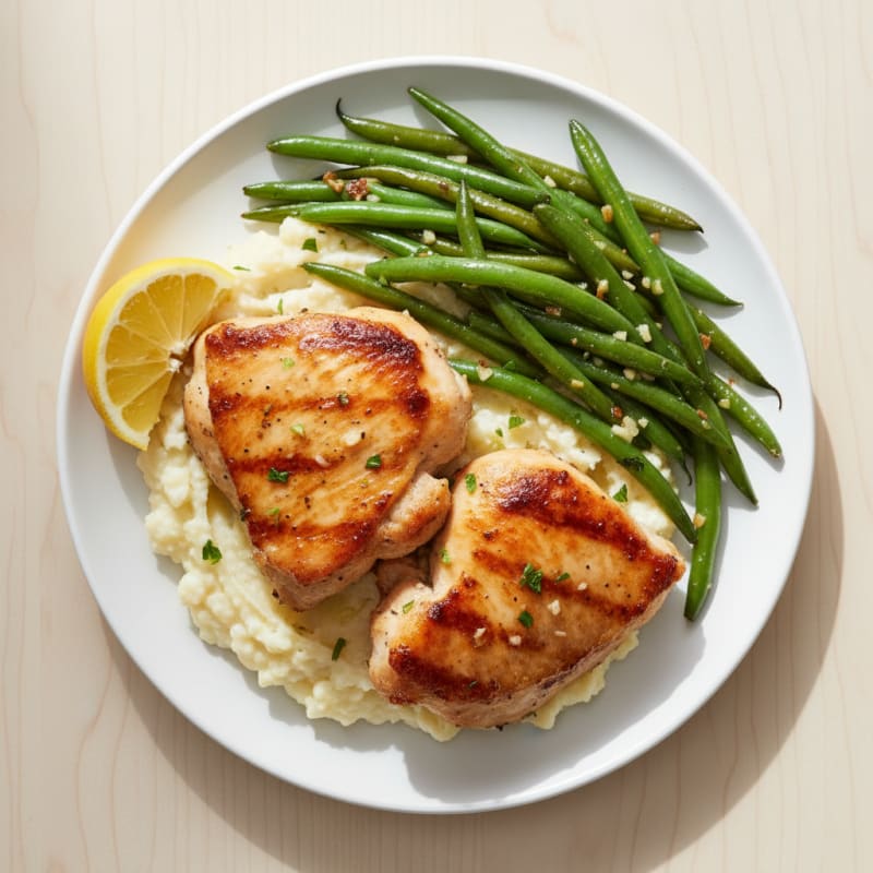 Seared Chicken Thighs with Garlic Green Beans and Cauliflower Mash