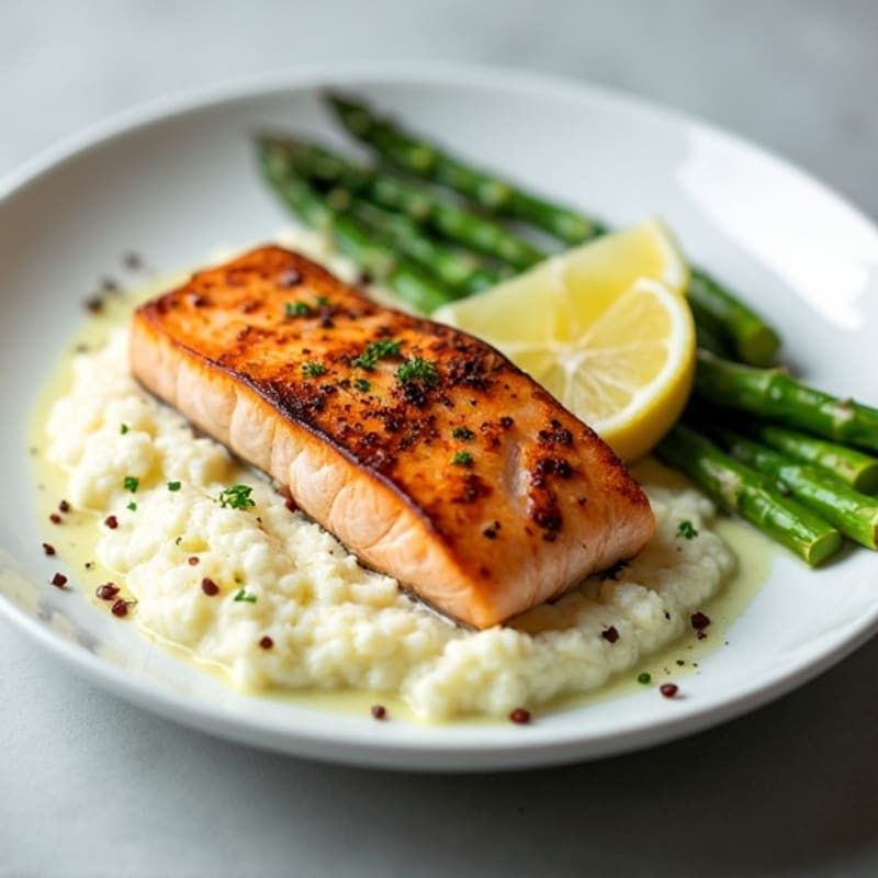 Seared Salmon with Steamed Asparagus and Cauliflower Mash