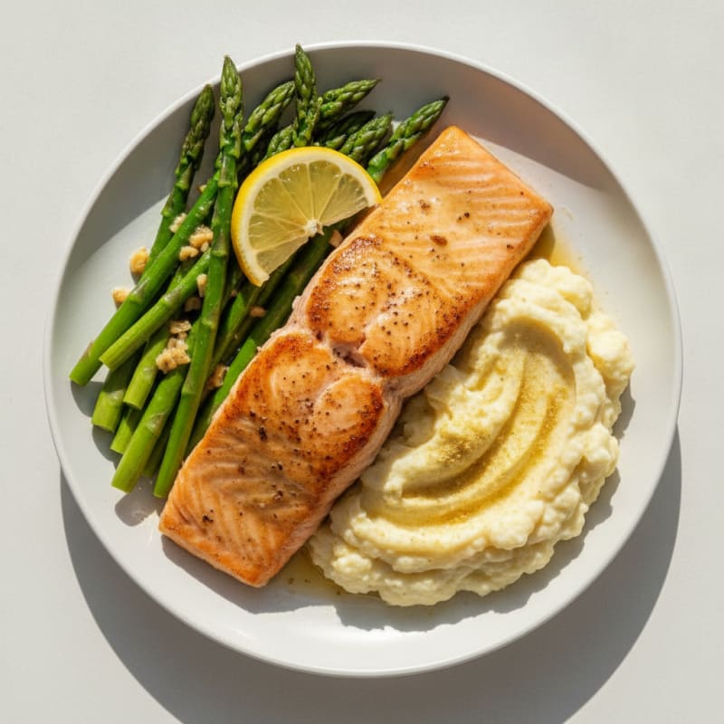 Seared Salmon with Steamed Asparagus and Mashed Cauliflower