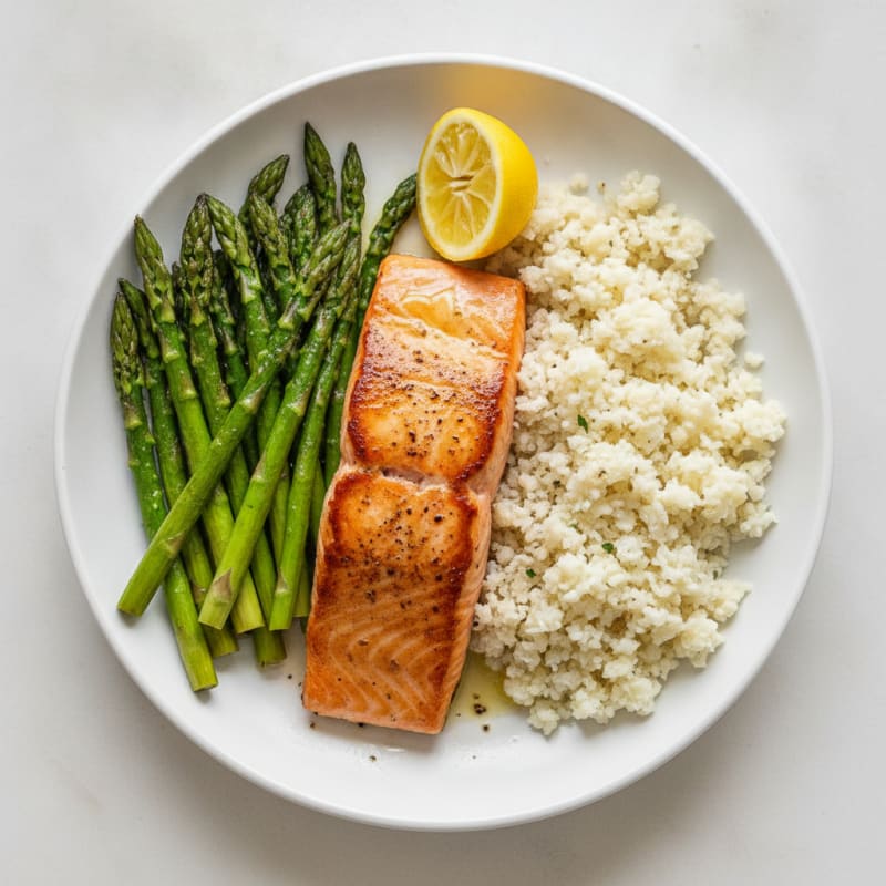 Pan-Seared Salmon with Roasted Asparagus and Cauliflower Rice