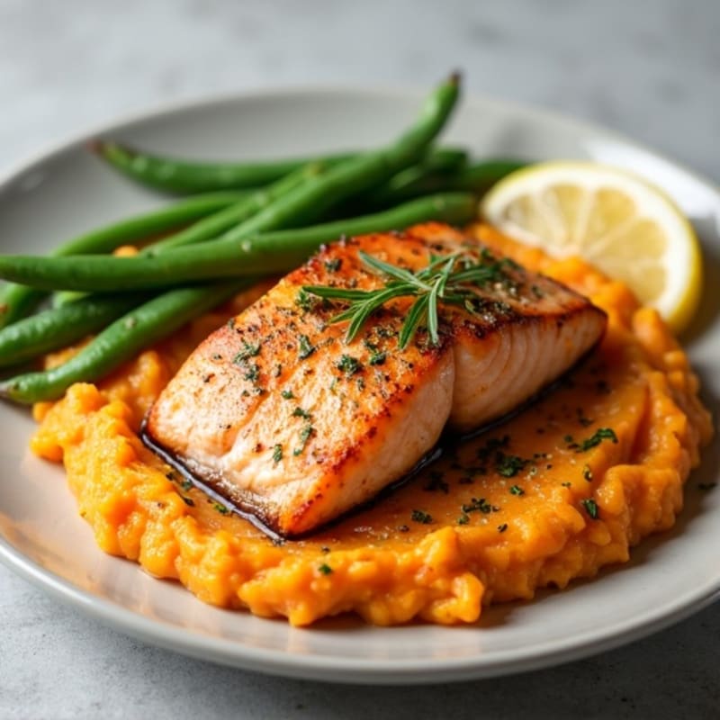 Seared Salmon with Garlic Green Beans and Sweet Potato Mash