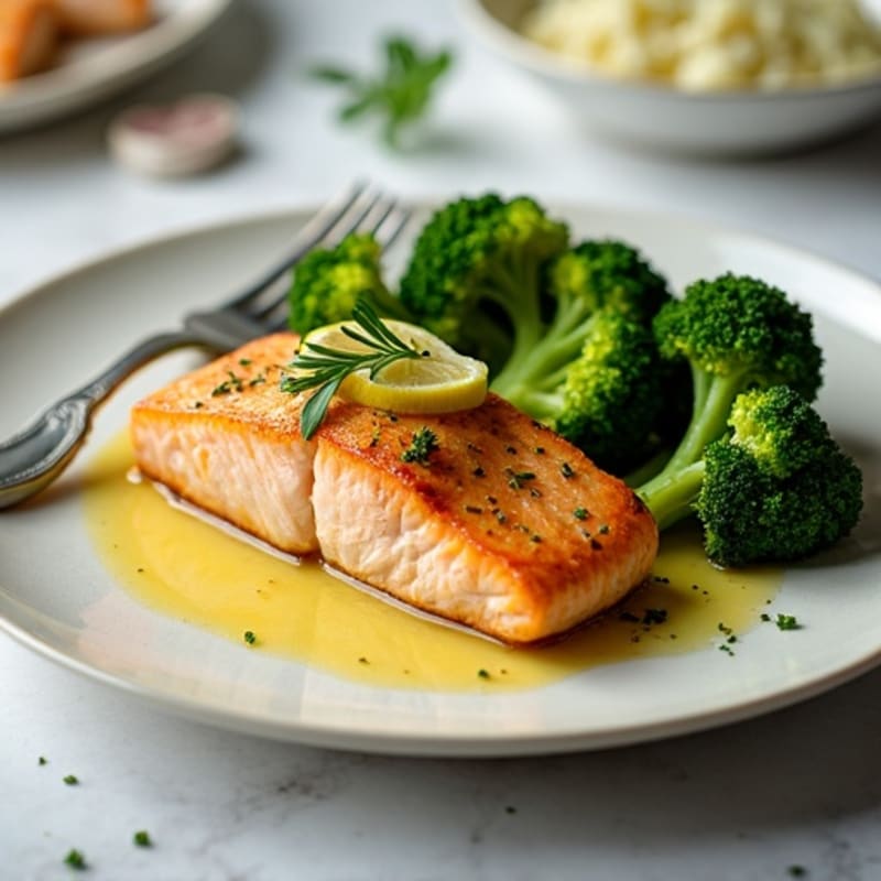 Lemon Garlic Pan Seared Salmon with Steamed Broccoli