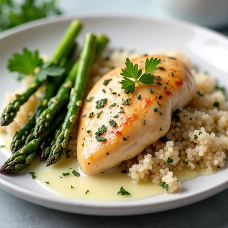 Creamy Garlic Herb Pan-Seared Chicken with Roasted Asparagus and Fluffy Quinoa
