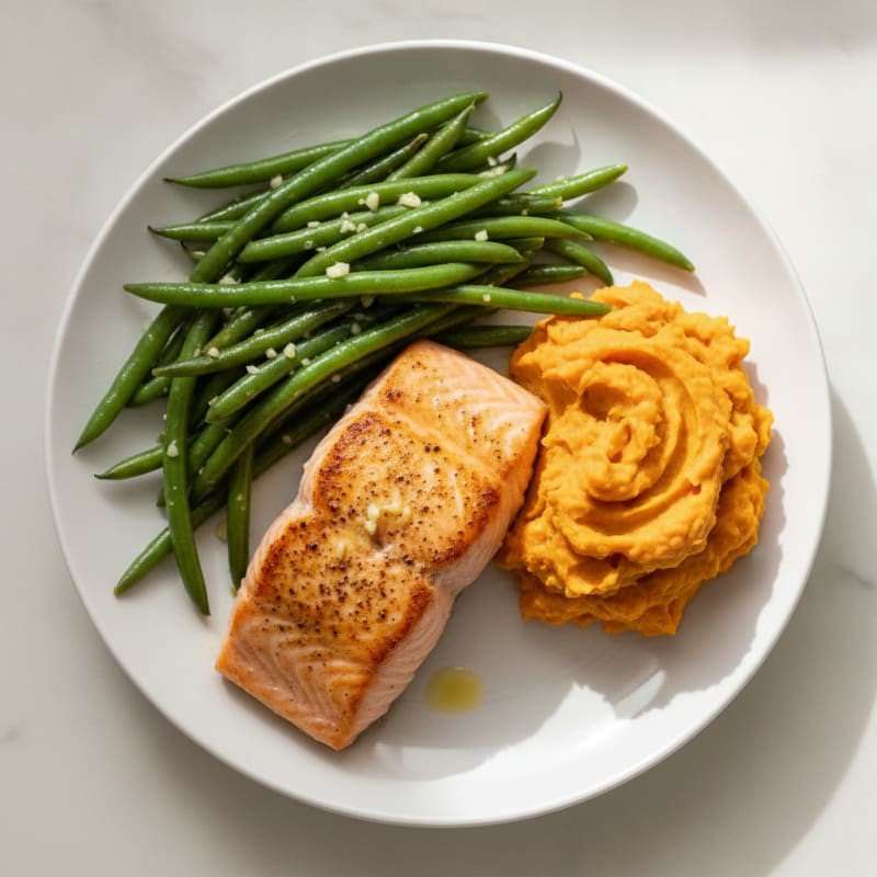 Seared Salmon with Garlic Green Beans and Mashed Sweet Potatoes